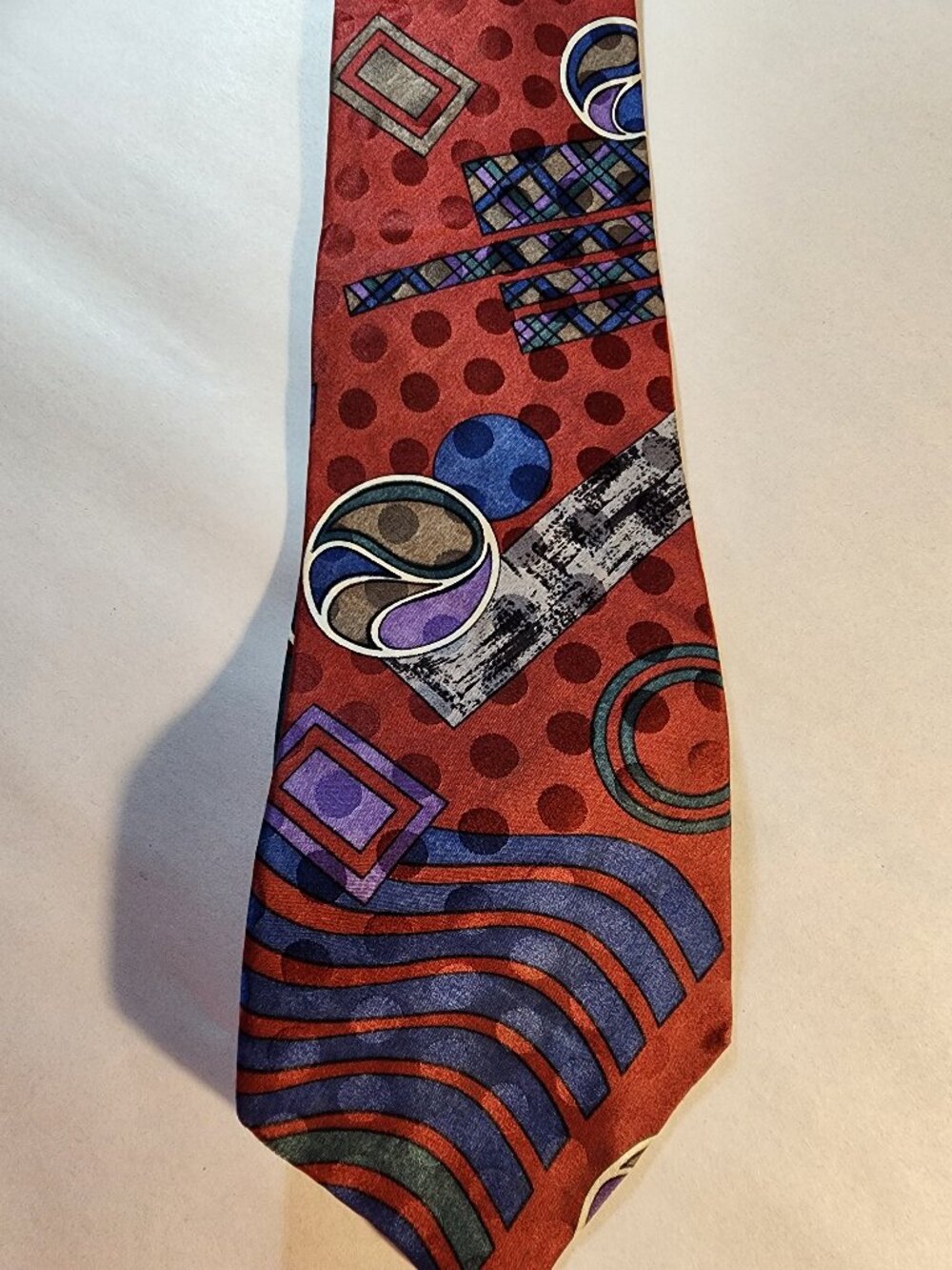 Vintage Bugatti 100% Italian Silk Tie Abstract Geometric Red Blue Purple 80s 90s
